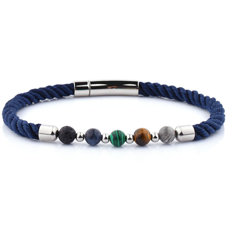 Bracelet Perles pour Femme et Homme Acier Cordon Nylon Bleu