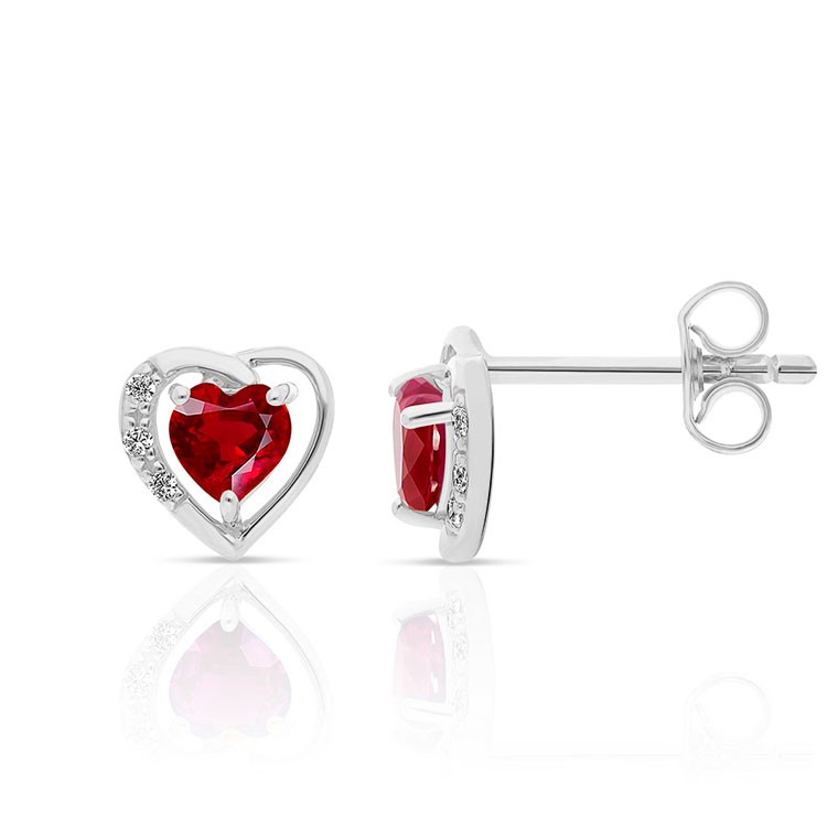 Boucles d'Oreilles en Or Blanc 375/1000 Rubis taille coeur