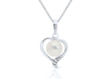 Collier Coeur en Or Blanc 375/1000 Bicolore Perle de Culture et Diamants