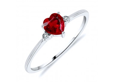 Bague Solitaire Or Blanc 375/1000 Rubis taille Coeur et Diamants